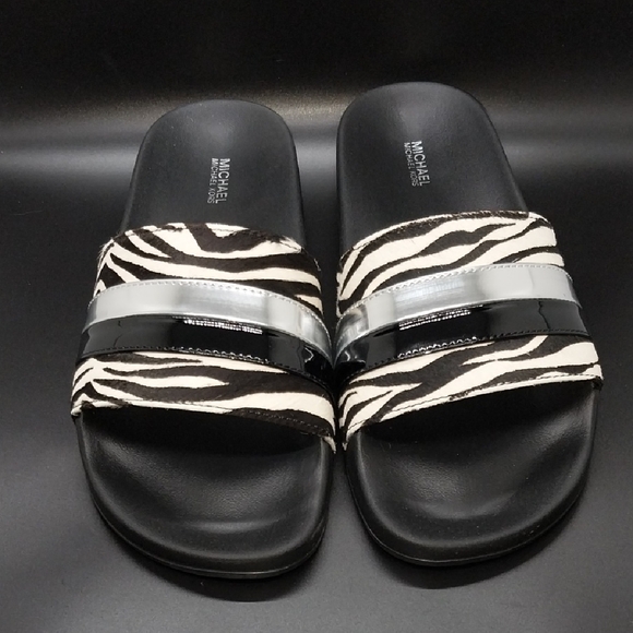 Michael Kors Zebra Pattern Slide Sandals with Black and Silver Accents - Picture 1 of 6